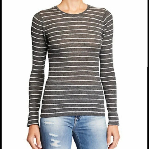 Vince Fine Rib Wool Sweater Long Sleeve Grey White Stripe - Picture 1 of 7